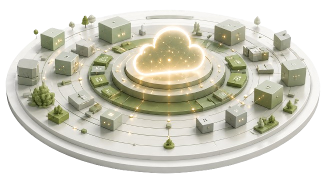 Glowing cloud platform surrounded by connected digital city blocks